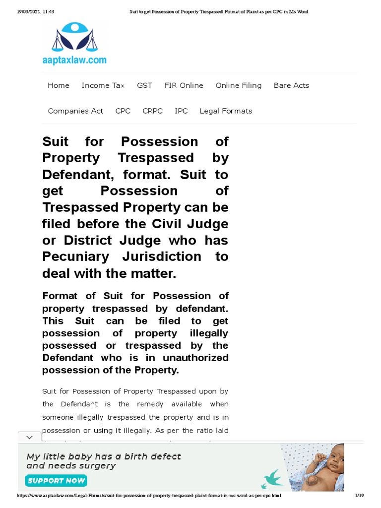 Suit to Get Possession of Property Trespassed_ Format of Plaint as Per
