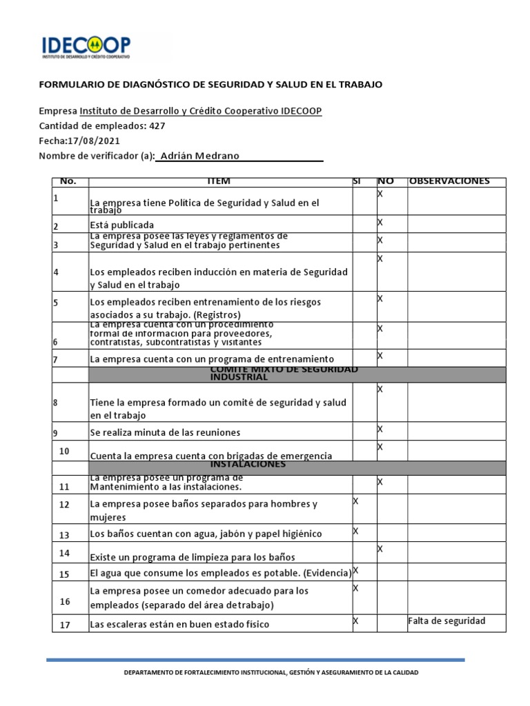 Diagnostico De Seguridad Y Salud En El Trabajo Pdf