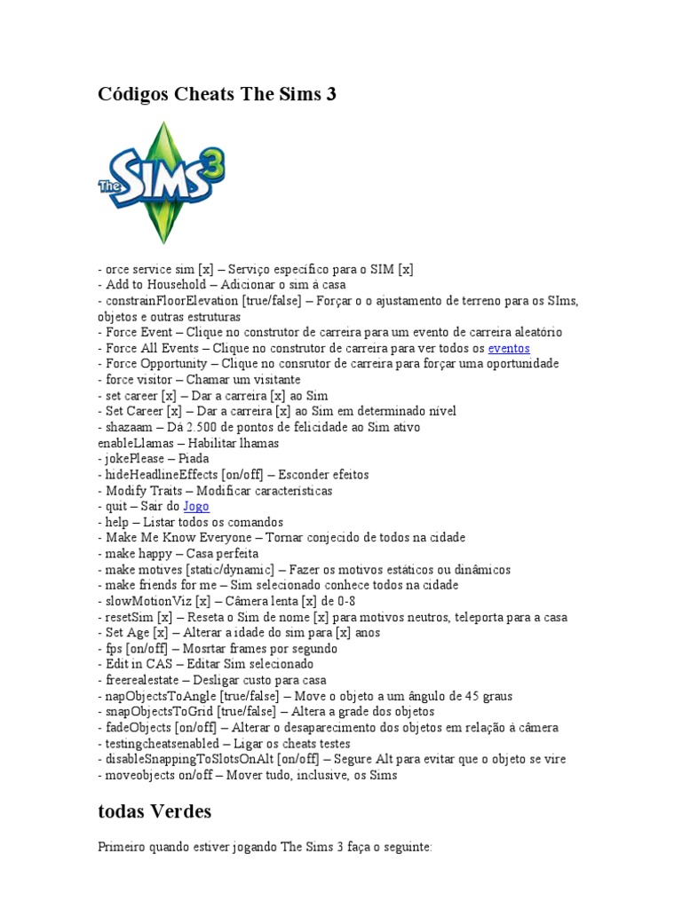 Códigos Cheats The Sims 3, PDF, Wii