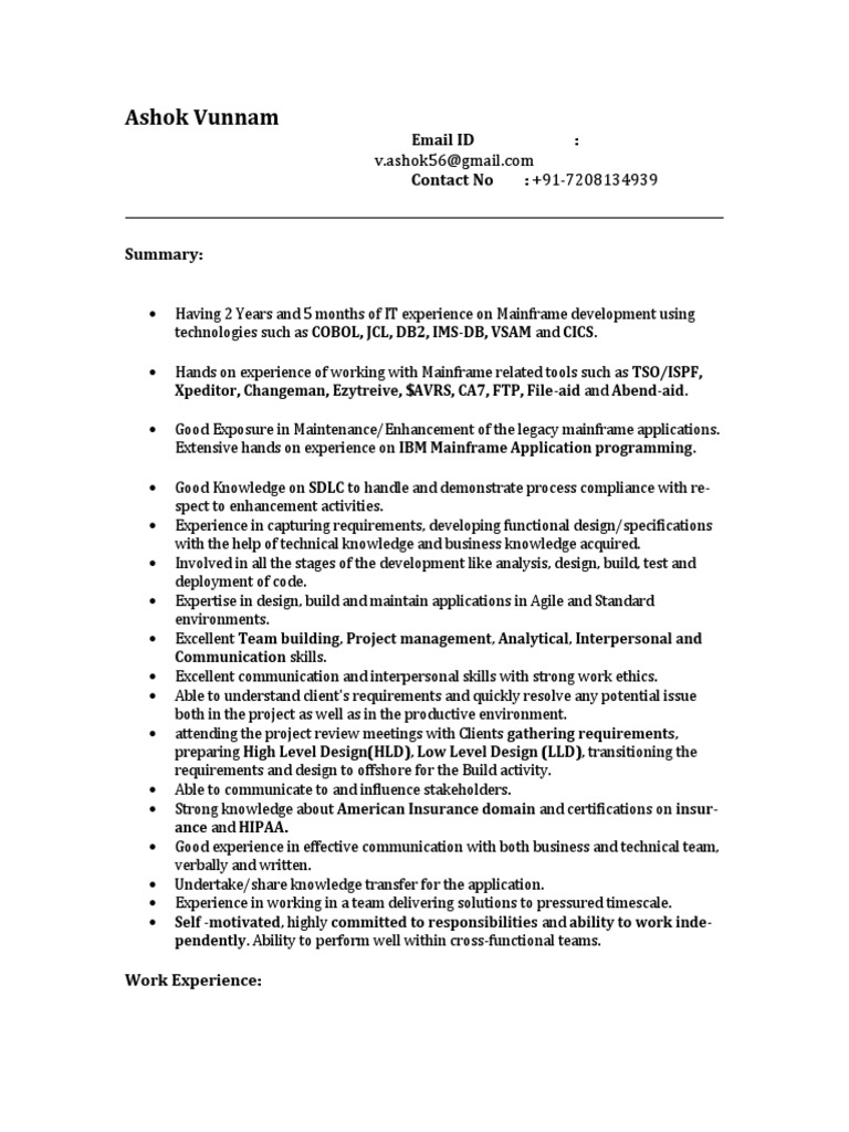 Mainframe Development Experience Summary | PDF | Ibm Db2 | Software ...