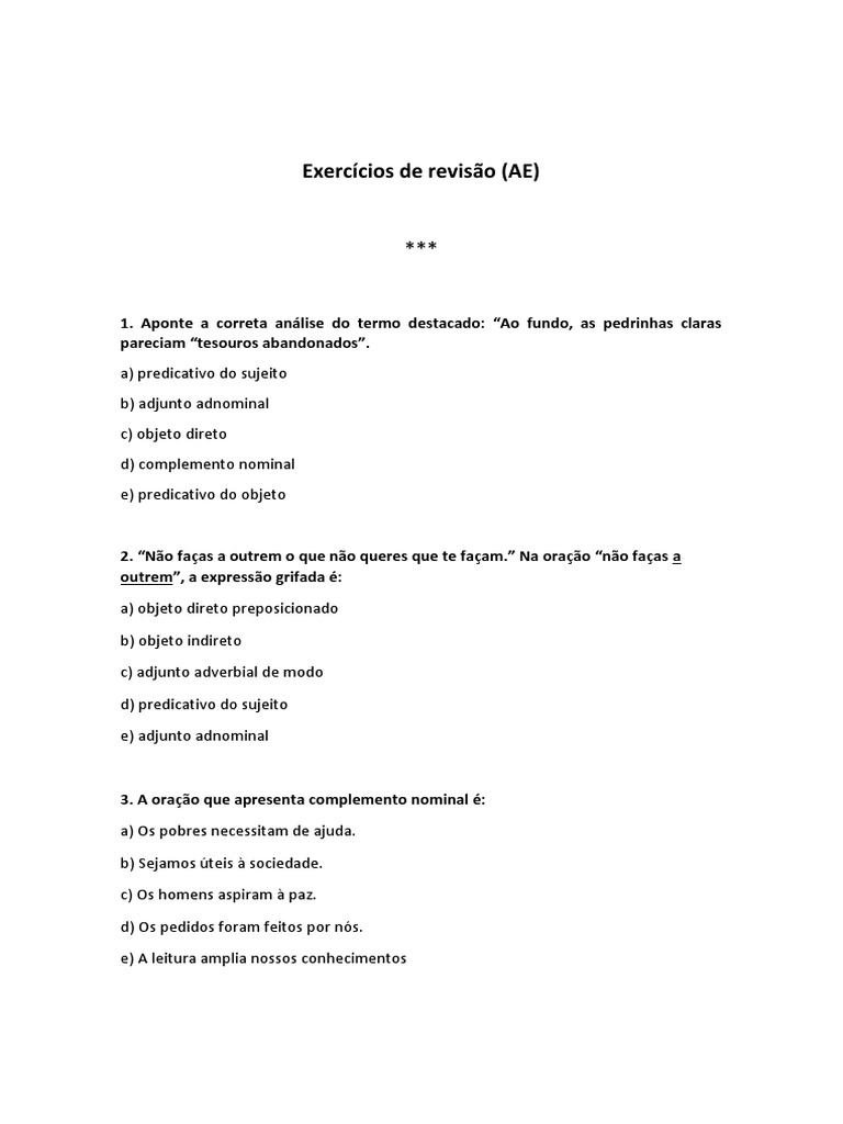 Exs Revisão Ae Sintaxe SEM GABARITO, PDF, Assunto (gramática)