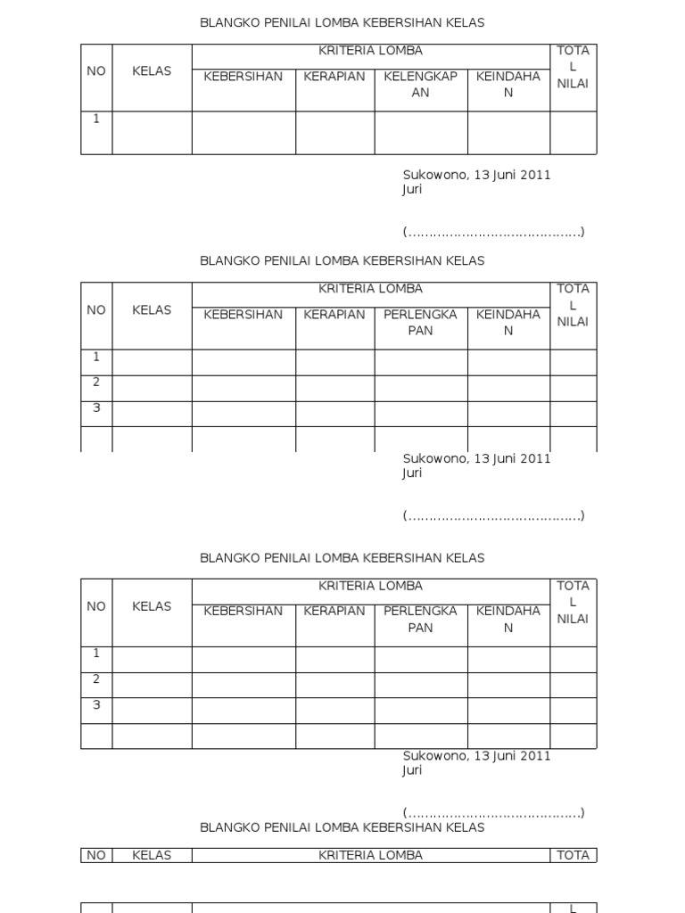 Blangko Penilai Lomba Kebersihan Kelas
