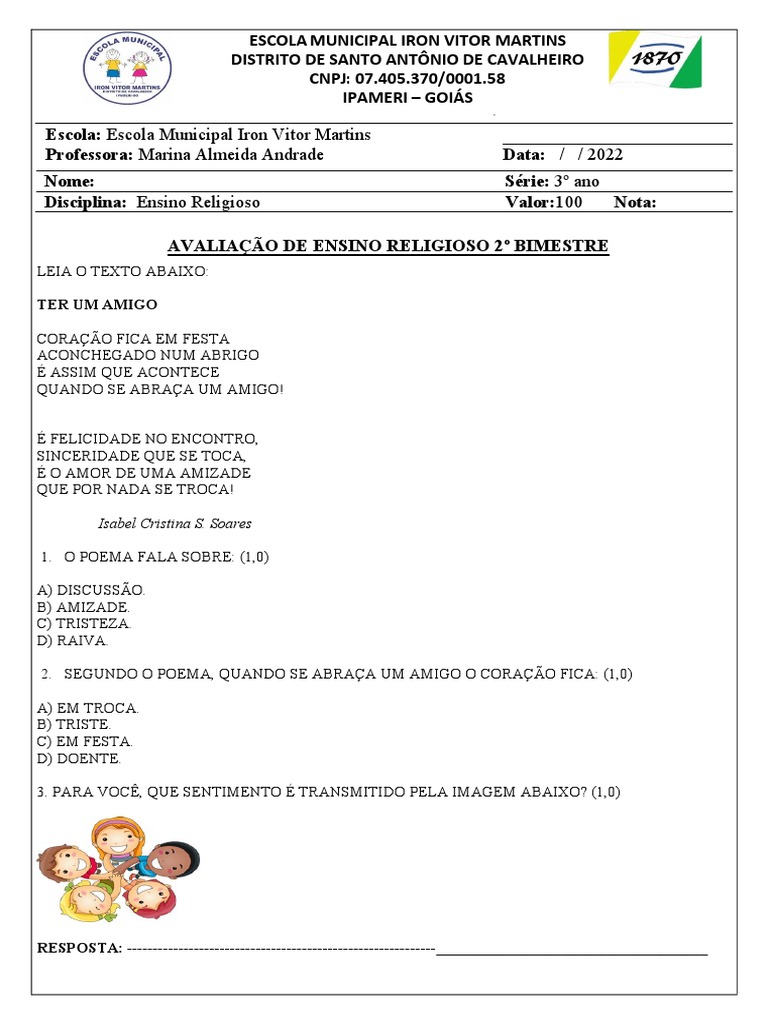 Avaliação de Ensino Religioso 3º Ano | PDF