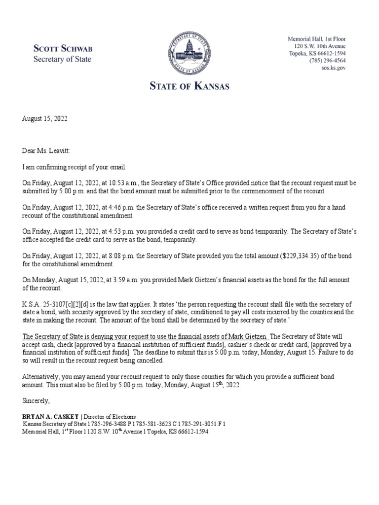 Kansas Recount Request Confirmation | PDF | Politics | Law