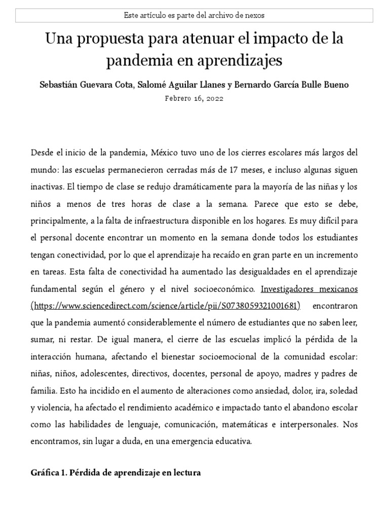 Una Propuesta para Atenuar El Impacto de La Pandemia en Aprendizajes ...