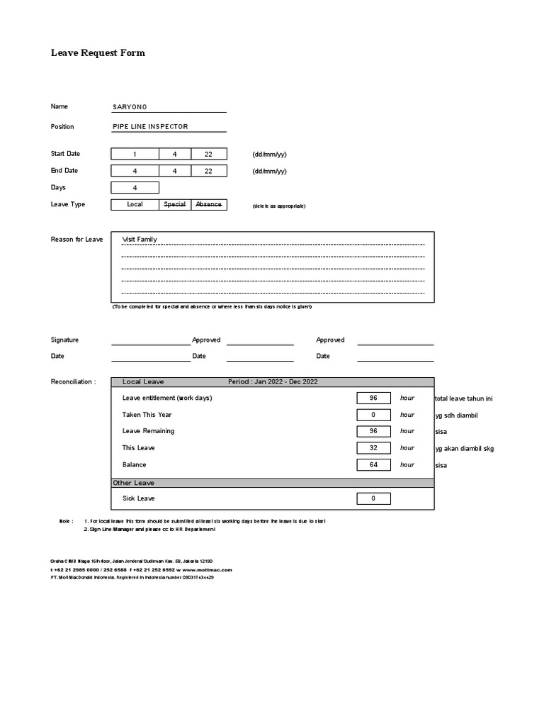 Leave Request Form: Saryono Pipe Line Inspector | PDF