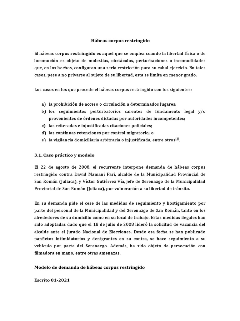 Ejemplo de hábeas corpus restringido | PDF | Habeas corpus | Justicia