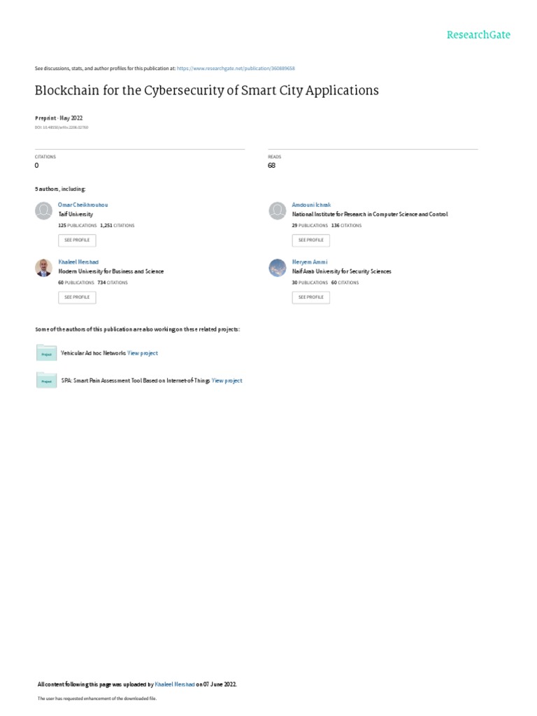 Blockchain For The Cybersecurity of Smart City | PDF | Internet Of ...