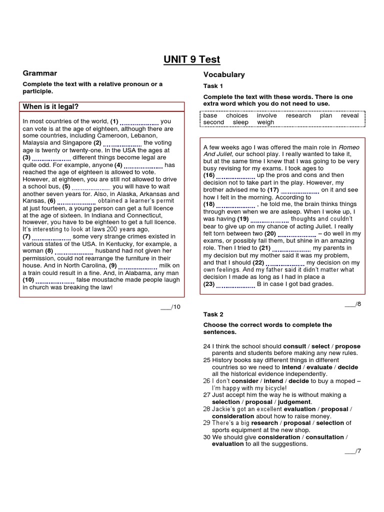 UNIT 9 Test: Grammar Vocabulary | PDF | Experience | Crossword
