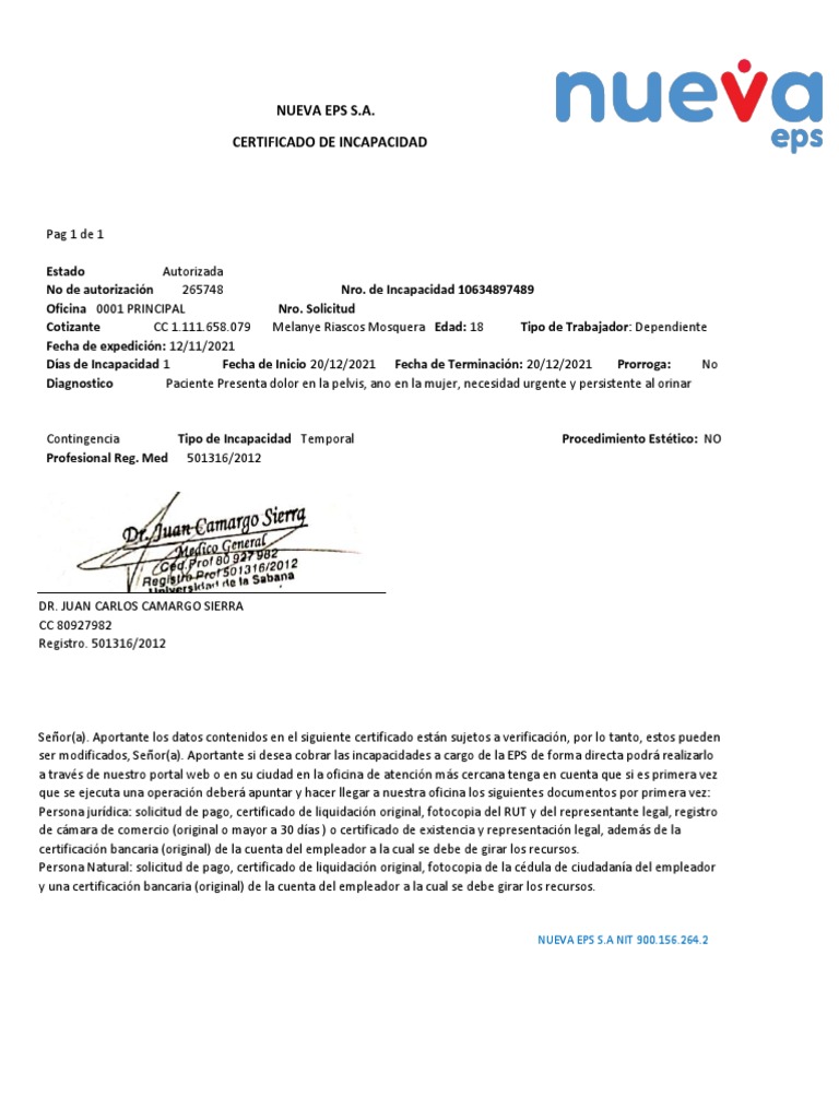 Certificado de Incapacidad Nueva EPS | PDF