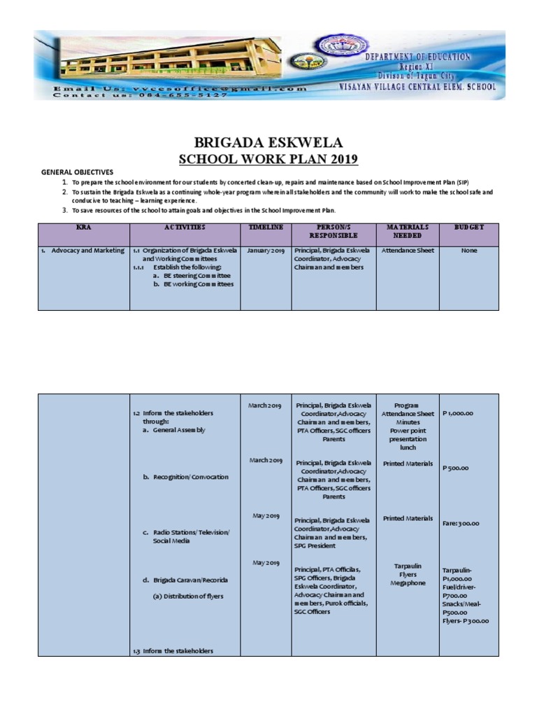 2019 School Work Plan BRIGADA ESKWELA | PDF
