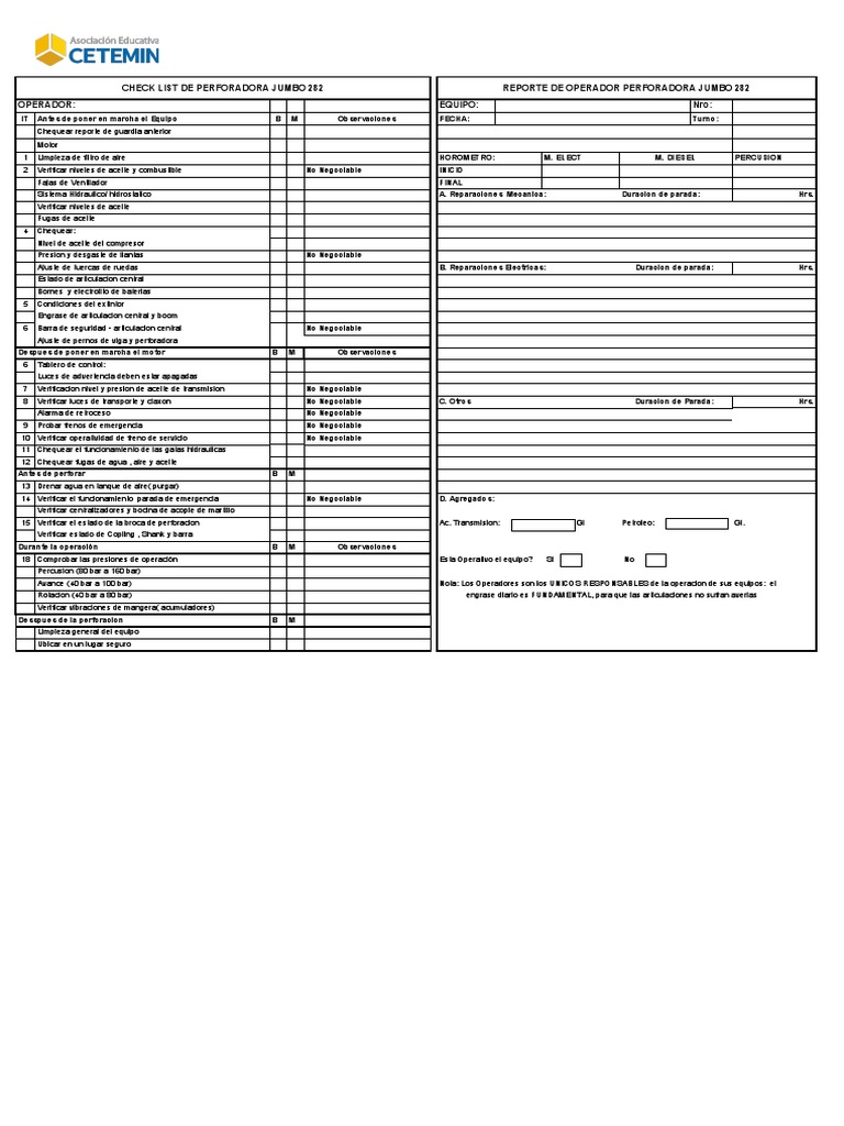 Checklist Perforadora Jumbo 282 | PDF | Bienes manufacturados | Vehículos