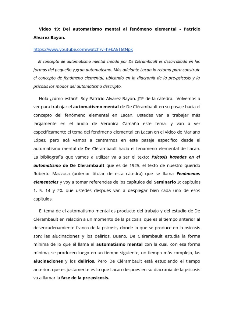 Automatismo Mental y Fenómeno Elemental | PDF | Psicosis | Jacques Lacan