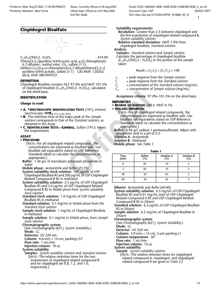 Clopidogrel Bisulfate USP PDF Chromatography Buffer Solution