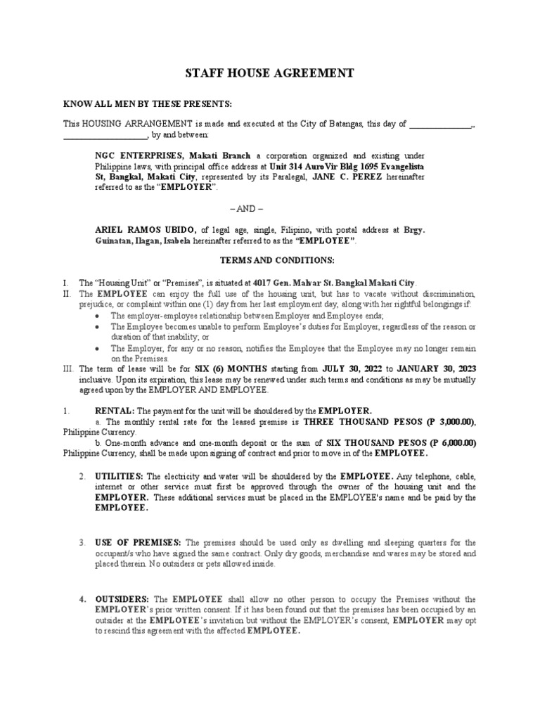 Staff House Agreement (NGC Enterprise) | PDF | Employment | Lease
