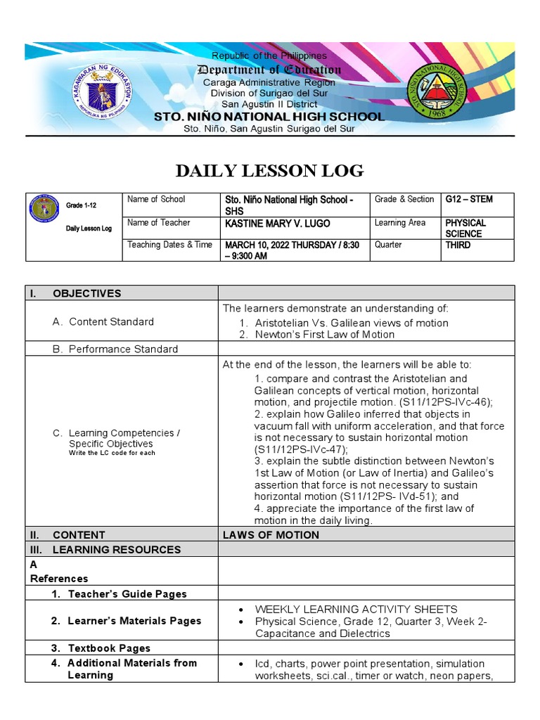 Daily Lesson Log. Physical Science PDF Inertia Force