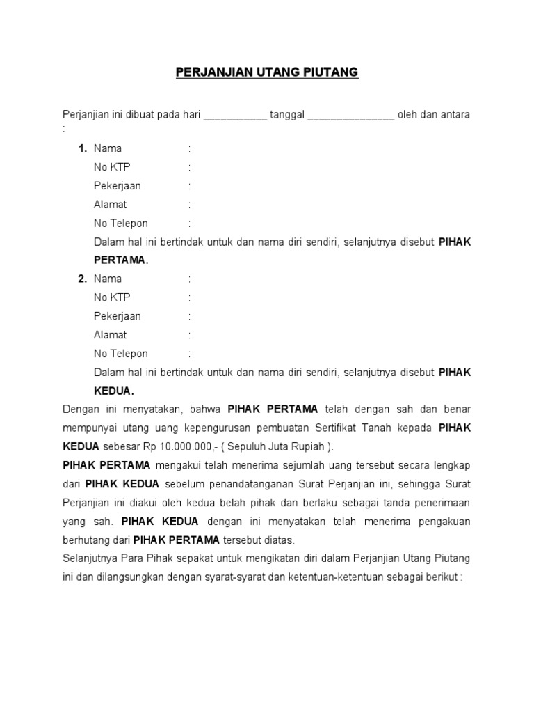 Contoh Surat Perjanjian Utang Piutang Pdf