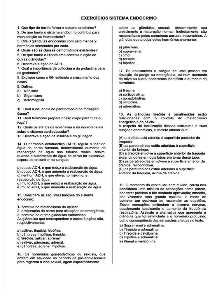 Exercícios sobre o Sistema Endócrino | PDF | Glândula pituitária ...