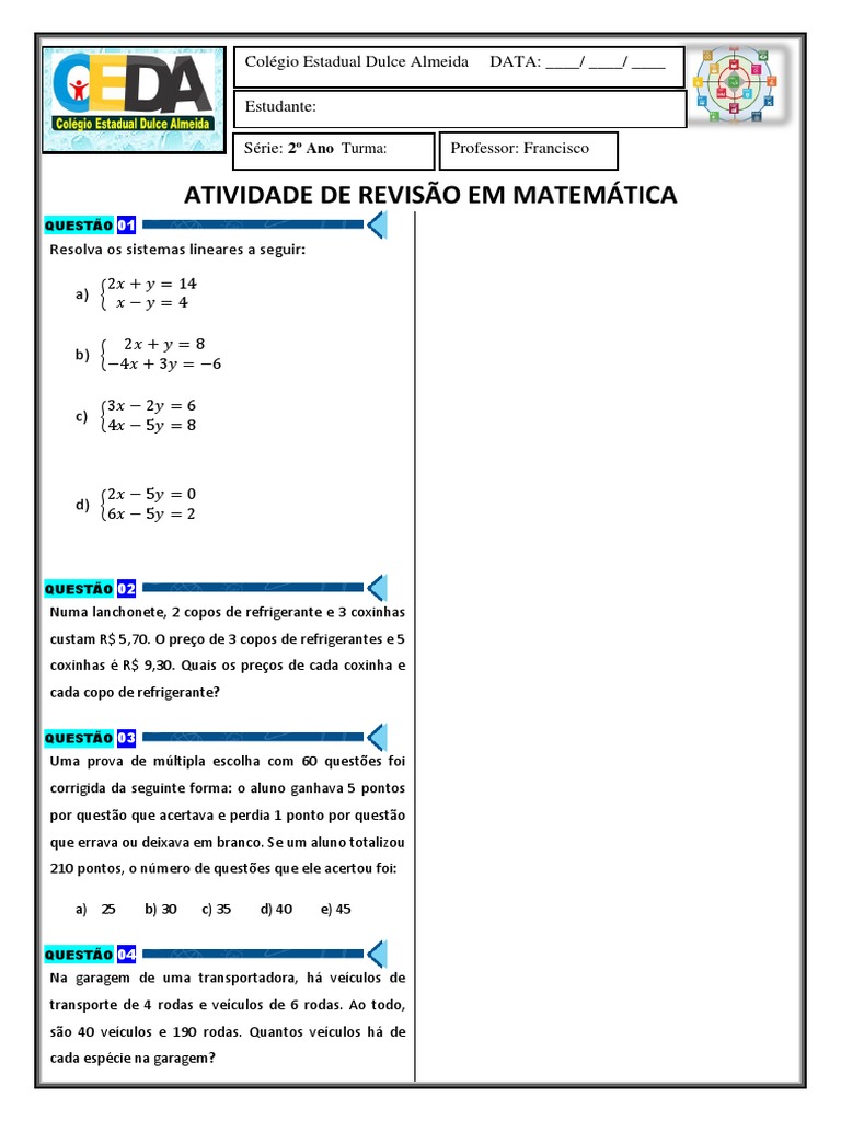 Exercícios de Sistemas Lineares 2x2 | PDF