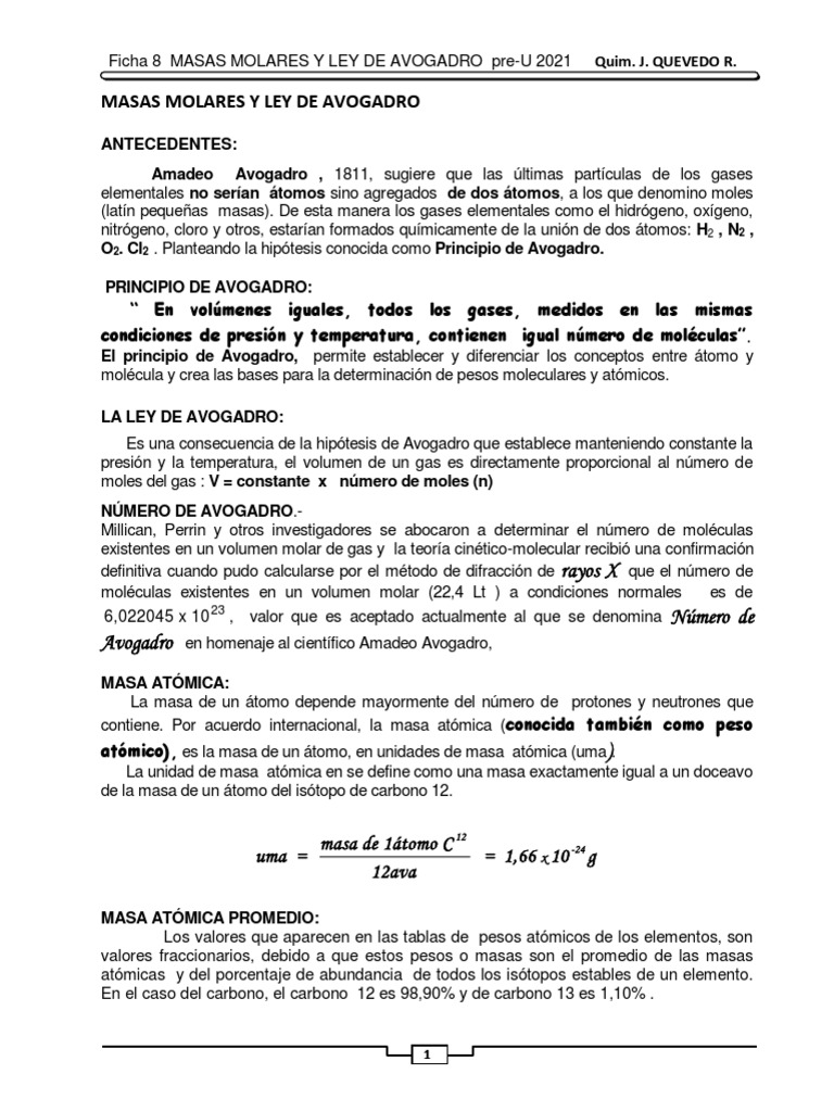 Masas Molares y Ley de Avogadro | PDF | Mole (Unidad) | Física atómica