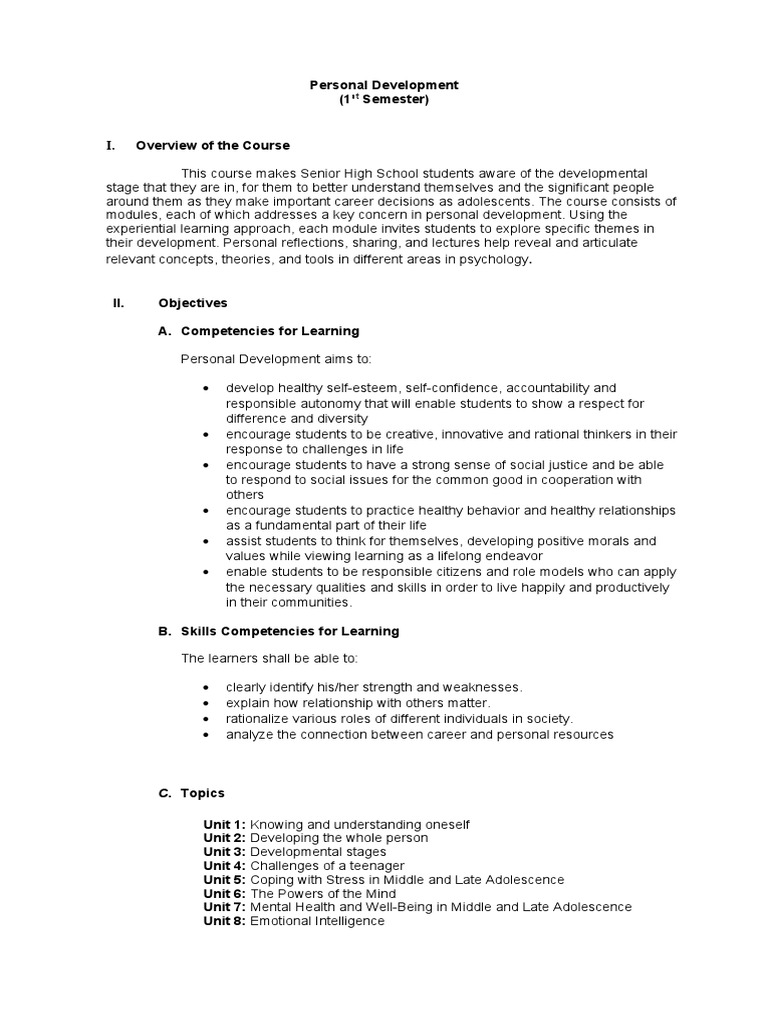 Course Outline PERSONAL DEVELOPMENT | PDF | Self Esteem | Learning