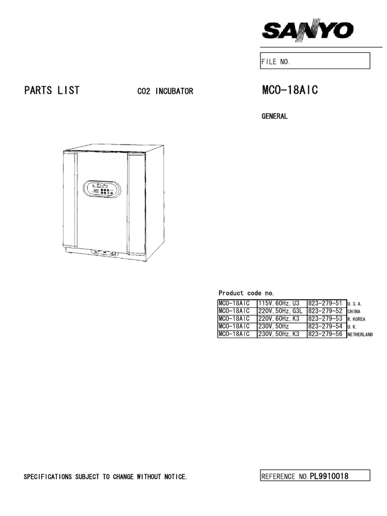 Sanyo MCO-18AIC Incubator Parts List | PDF | Electrical