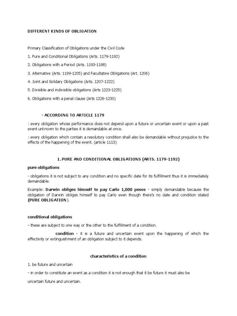 Types of Obligations in Civil Law | PDF | Legal Liability | Debtor