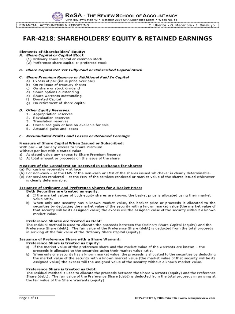 FAR 4218 Shareholders Equity Retained Earnings PDF PDF Dividend
