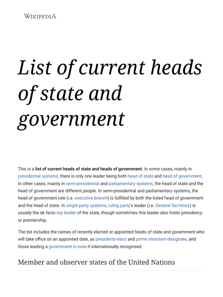 List Of Current Heads Of State And Government