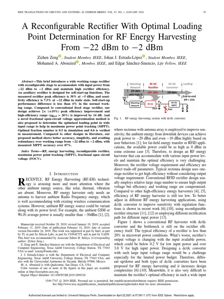 Optimal RF Energy Harvesting Rectifier | PDF | Rectifier | Energy ...