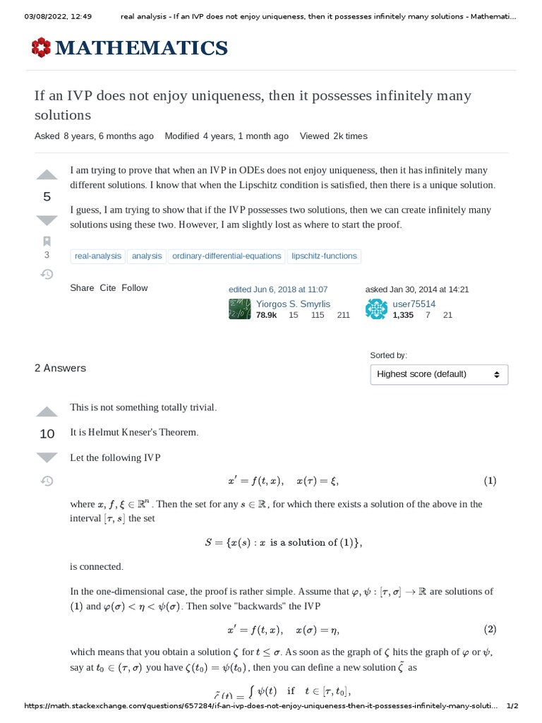 Real Analysis - If An IVP Does Not Enjoy Uniqueness, Then It Possesses ...