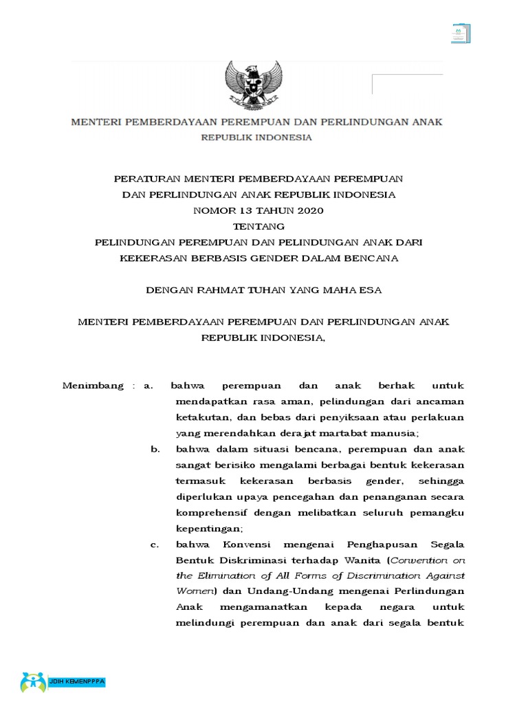 Permen pppa no 13 thn 2020 ttg perlindungan perempuan dan perlindungan