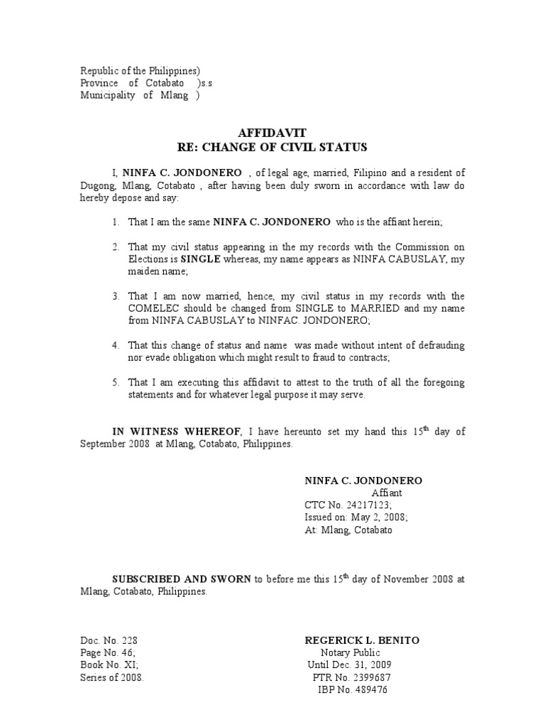 Affidavit,Change of CIVIL STATUS