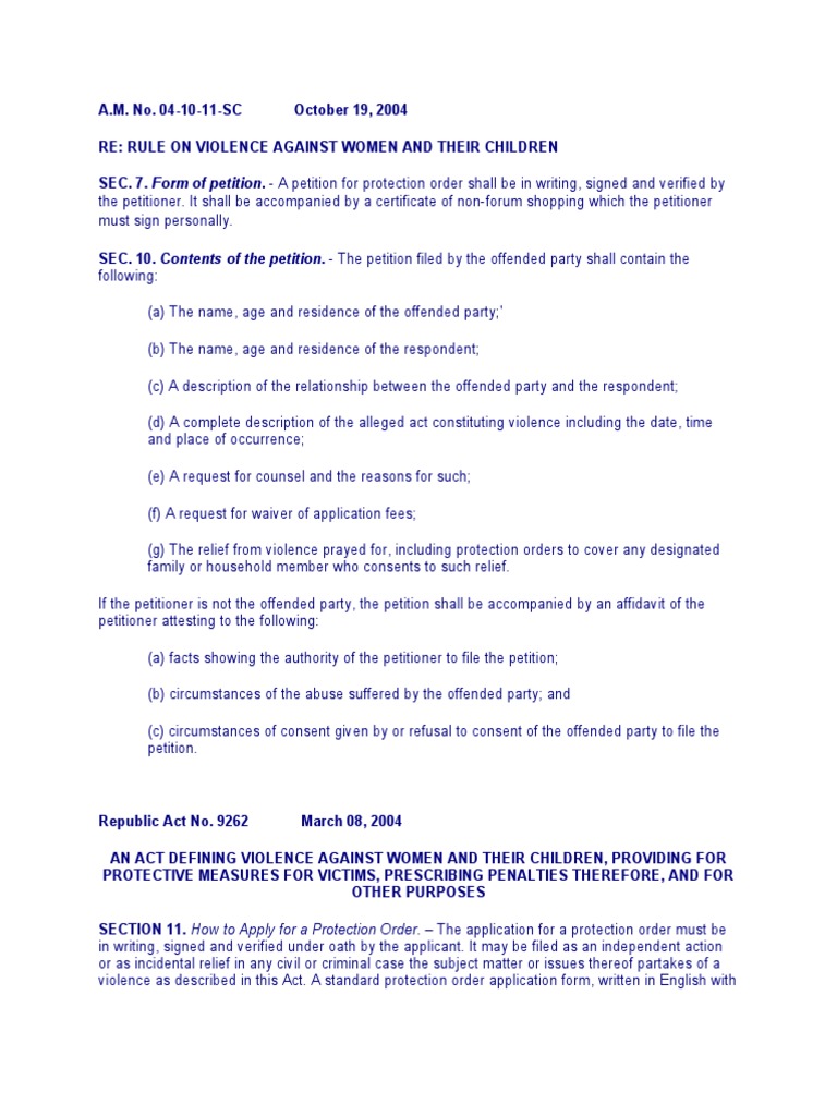 Rule on Violence Against Women in PH | PDF | Restraining Order ...