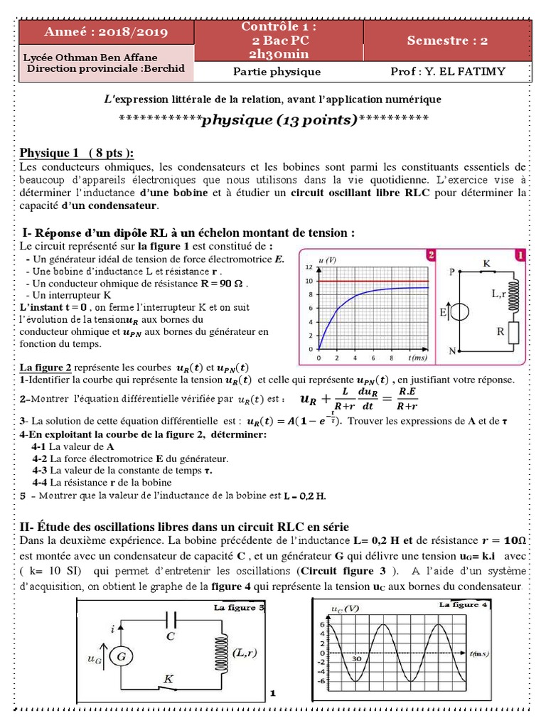 Devoir 1 Modele 3 Physique Chimie 2 Bac SPC Semestre 2 | PDF | Tension ...