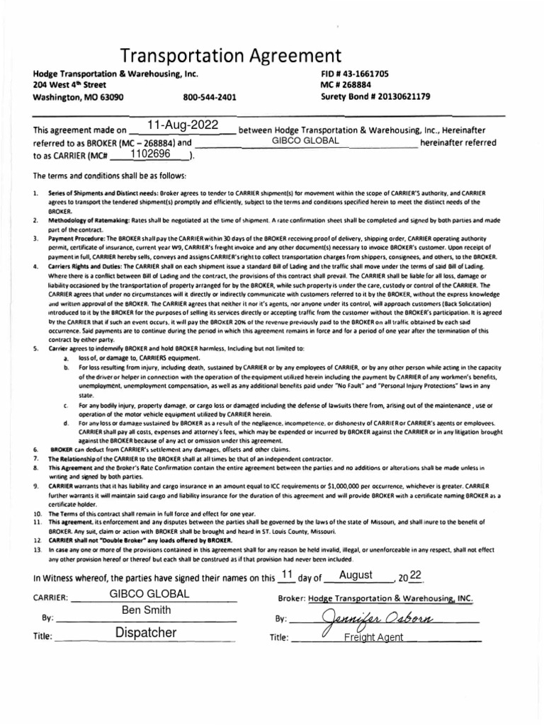 Transportation Agreement Template | PDF | Bill Of Lading | Cargo