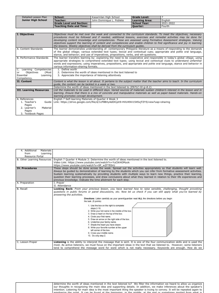 Grade 7 English Lesson Plan: Q4 Week 3 | PDF | Learning | Curriculum