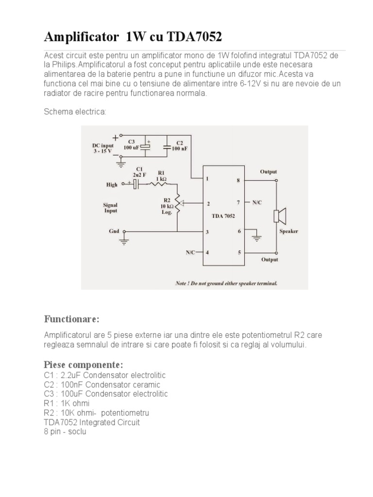 Amplificator 1W Cu TDA7052 | PDF