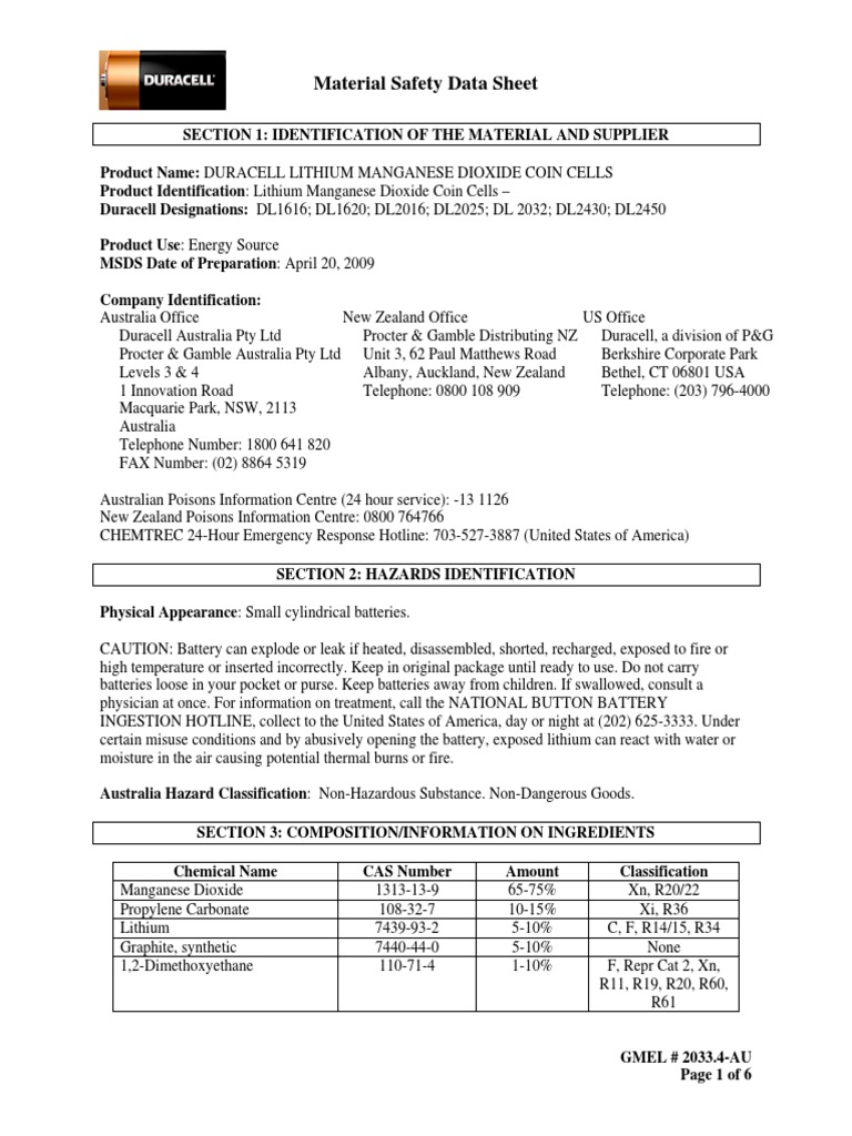 Duracell Lithium Battery Safety Data Sheet | PDF | Firefighting | Fires
