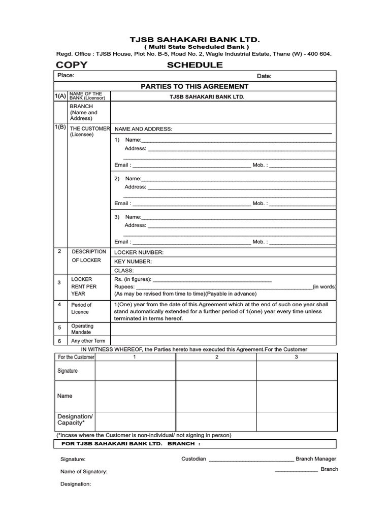 TJSB Bank Locker Agreement Format | PDF | License | Banks