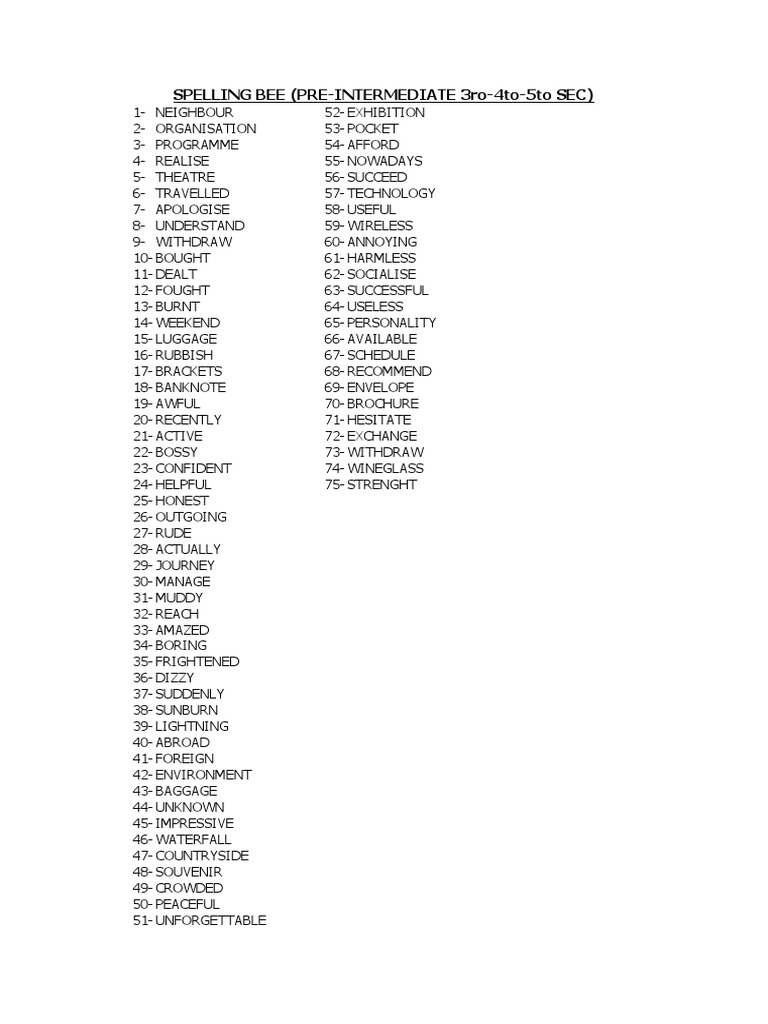 Spelling Bee List - Pre-Intermediate 3-4-5 Sec | PDF