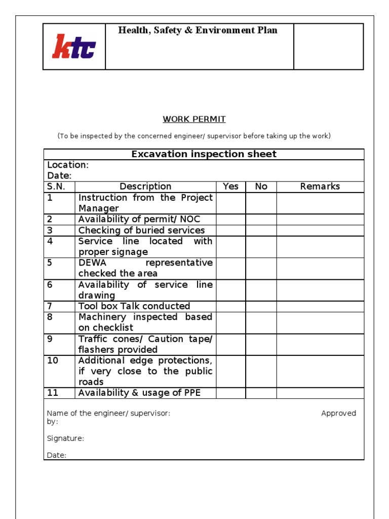 Excavation Safety Inspection Checklist | PDF
