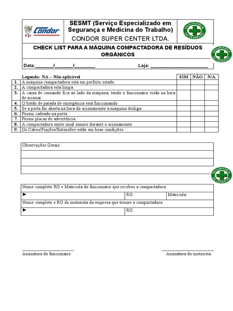 Checklist de Segurança para Compactadora | PDF