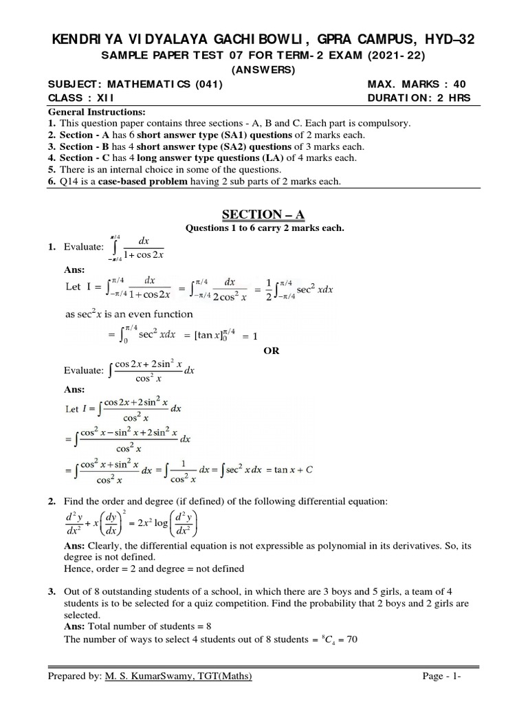 Maths Class Xii Term 2 Sample Paper Test 07 2021 22 Answers | PDF ...