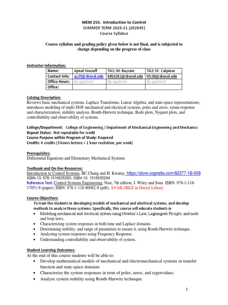 MEM 255 Control Systems Syllabus 2020-21 | PDF | Engineering | Test ...