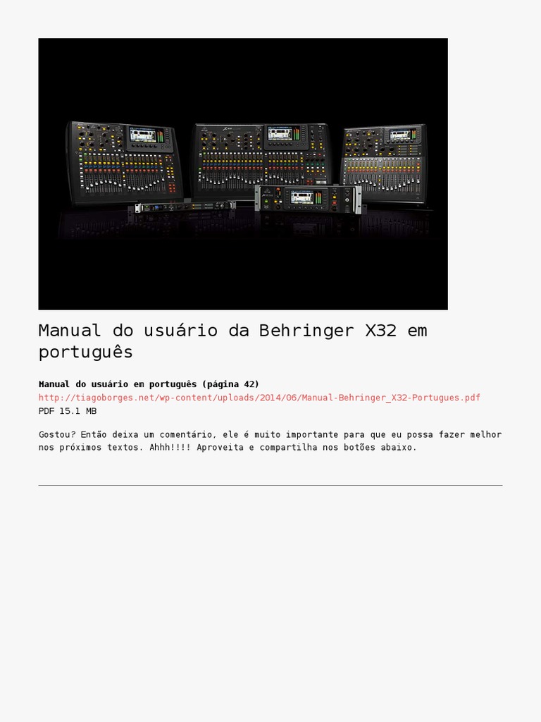 Manual Do Usuário Da Behringer X32 em Português PDF Pendrive Biblioteca (informática)