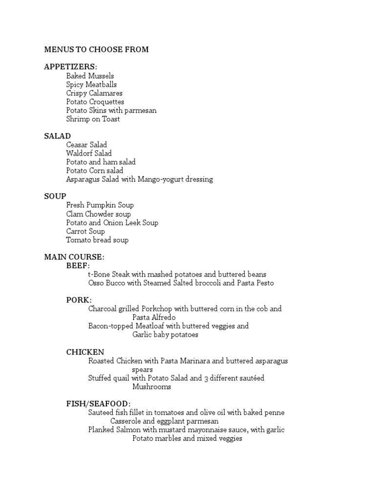 Menus To Choose From Appetizers | PDF