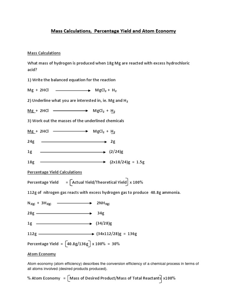 Mass Calculations Percentage Yield And Atom Economy