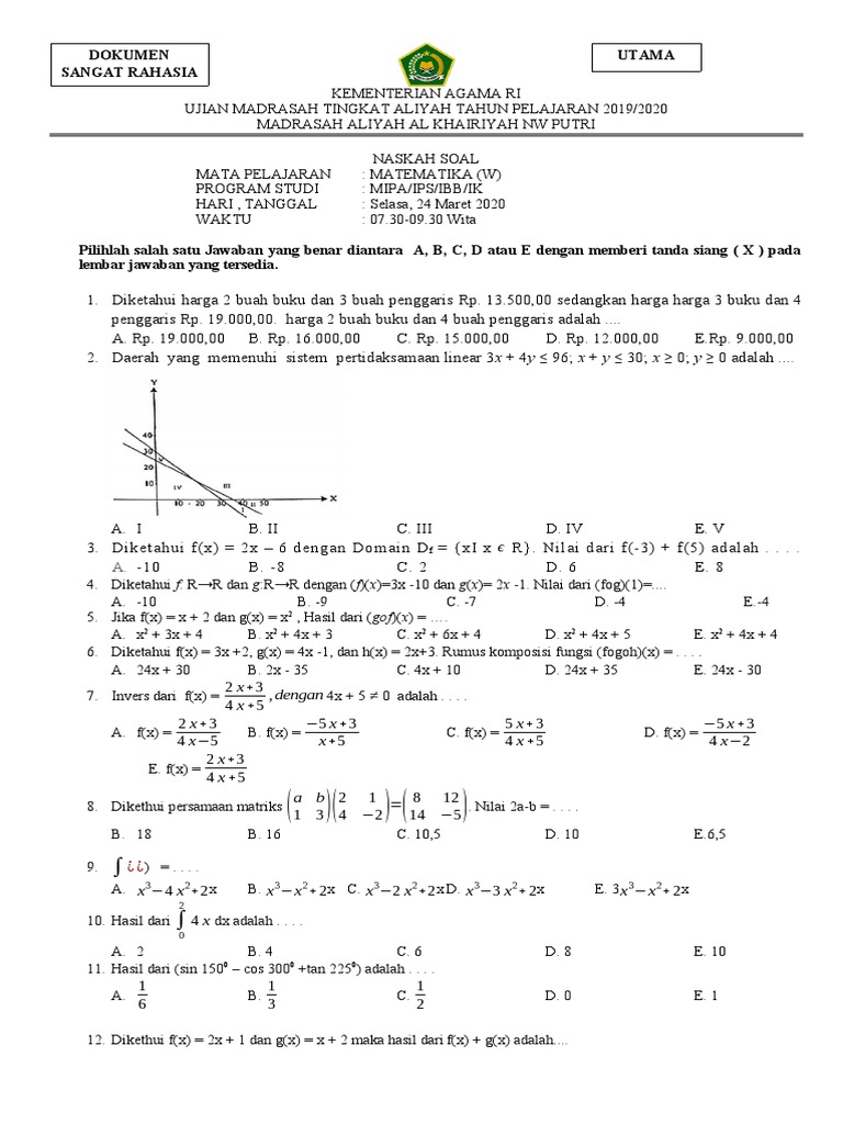 Soal Ujian Matematika Madrasah Aliyah 2020 | PDF