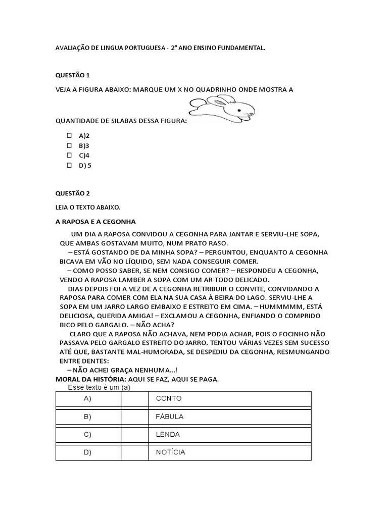 Avaliação de Lingua Portuguesa 2 Ano | PDF